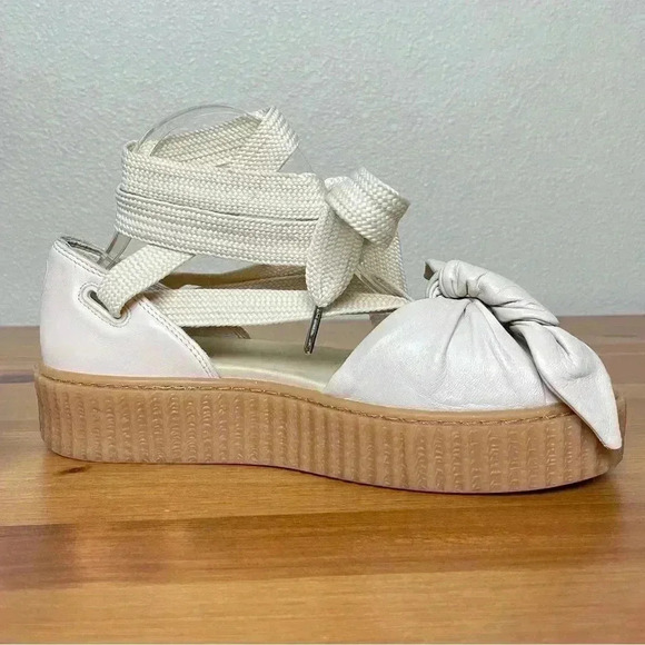 FENTY PUMA Women's 8.5 The Bow Creeper Sandals Cream Leather Lace Up Flatform - Picture 10 of 16